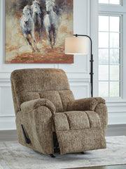Open Ashley Furniture Stayfish Recliner showing plush cushions and wooden legs, perfect for comfortable living room seating.