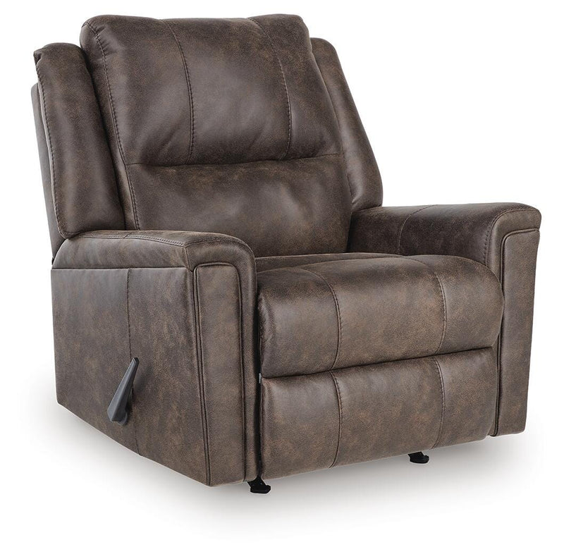 Ashley Furniture Lixtowel recliner in dark brown fabric, showing side profile with cushioned armrests and reclining position.