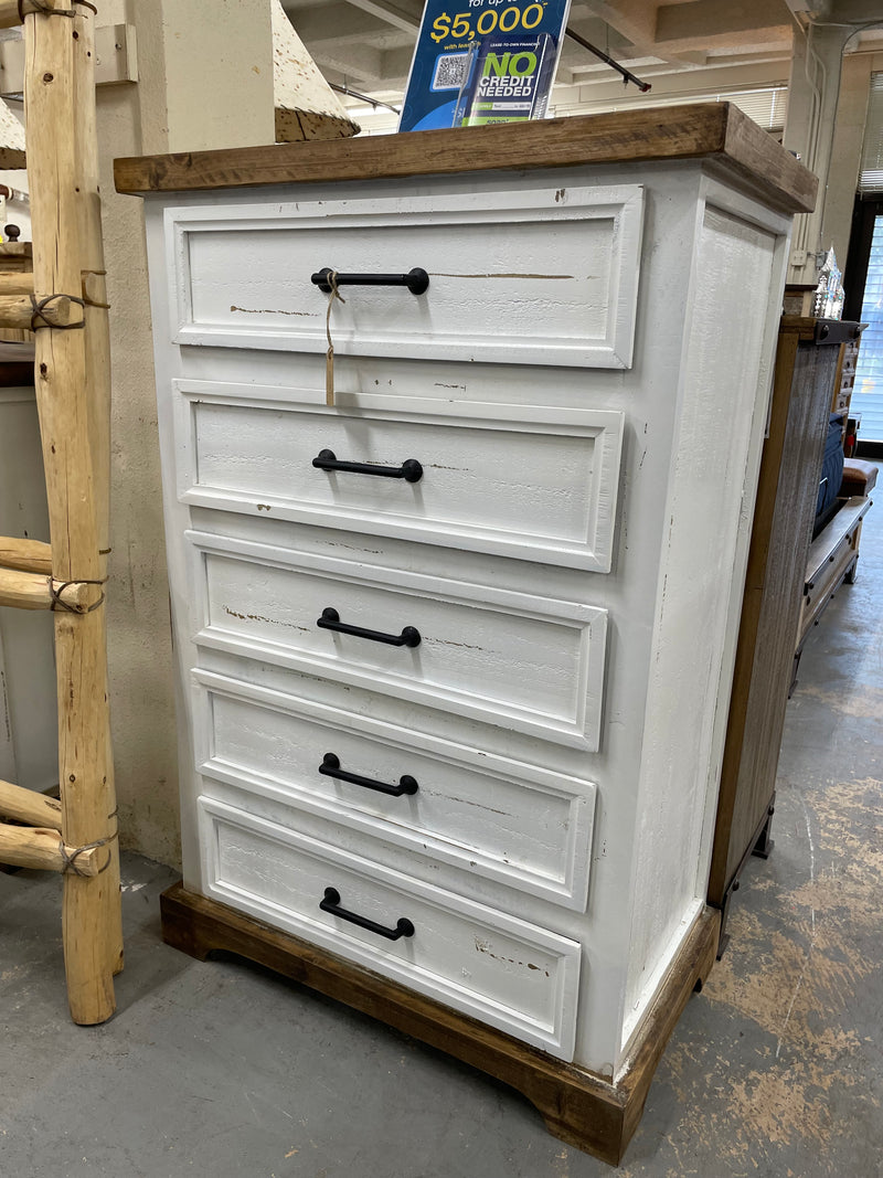 Wimberley 5-piece farmhouse queen bedroom set by Monterrey Furniture featuring a bed, dresser, mirror, two nightstands, in a rustic style.
