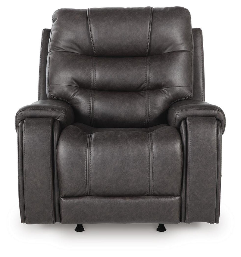 Ashley Furniture Femley recliner with plush fabric and cushioned armrests, shown from a head-on view.