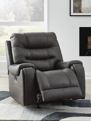 Ashley Furniture Femley recliner in open position, featuring plush upholstery and sturdy wooden legs for comfortable seating.
