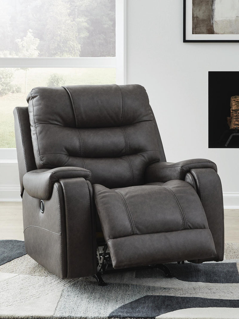 Ashley Furniture Femley recliner in open position, featuring plush upholstery and sturdy wooden legs for comfortable seating.