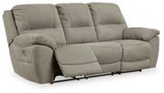 Ashley Furniture Next-Gen Gaucho Power Reclining Sofa in open position, showcasing plush fabric upholstery and reclining features.