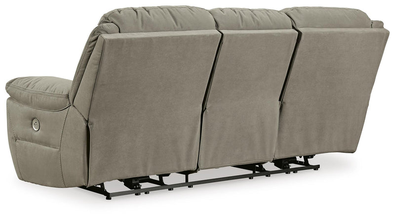 Ashley Furniture Next-Gen Gaucho Power Reclining Sofa with plush fabric and adjustable headrests, shown from the back.