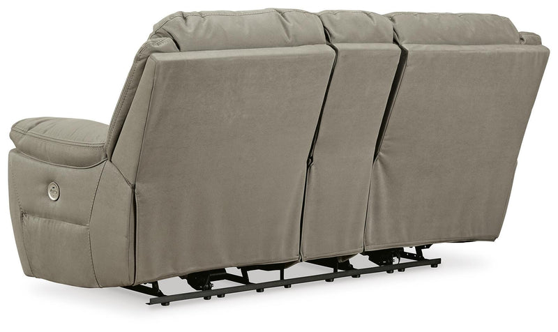 Ashley Furniture Next-Gen Gaucho Power Reclining Loveseat with console, showing plush fabric and reclining features from the back view.