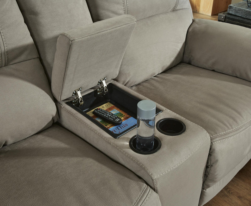 Ashley Furniture Next-Gen Gaucho Reclining Loveseat with Console, beige fabric, plush cushions, and built-in cupholders.