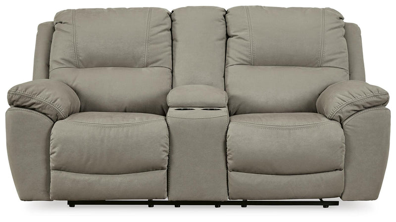Ashley Furniture Next-Gen Gaucho Reclining Loveseat with Console, shown in a head-on view with plush fabric and built-in cup holders.