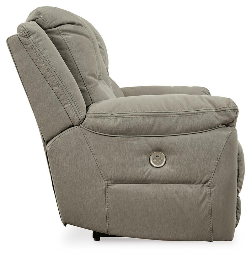 Ashley Furniture Next-Gen Gaucho Power Reclining Loveseat with Console, featuring plush cushions and built-in cupholders.