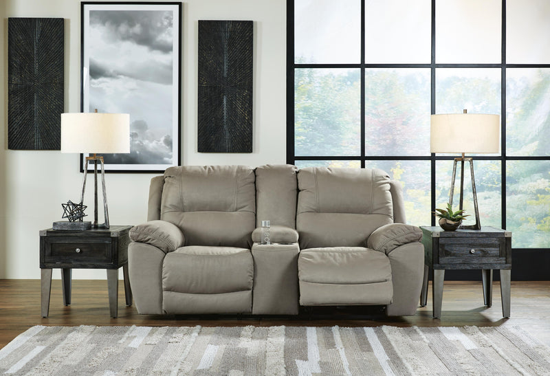Ashley Furniture Next-Gen Gaucho Reclining Loveseat with Console showing plush fabric, reclined seats, and built-in center console.