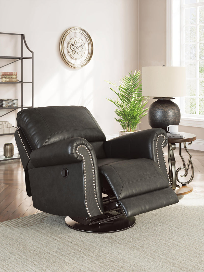 Open Ashley Furniture Chasemore swivel glider recliner in beige fabric, showing plush cushioning and comfortable armrests.