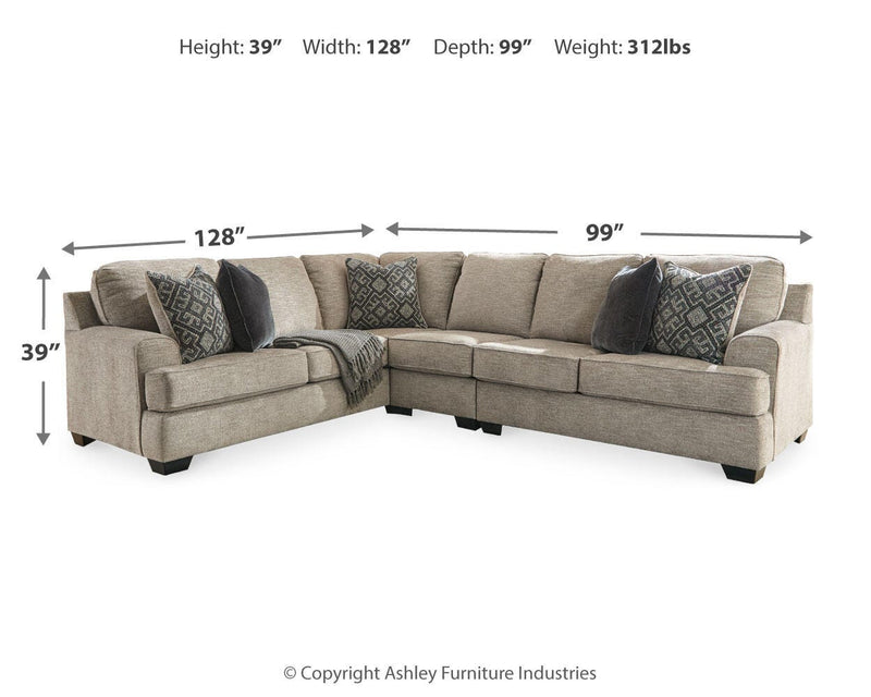 Ashley Furniture Bovarian living room set featuring a sofa, loveseat, and armchair with neutral upholstery and wooden accents.