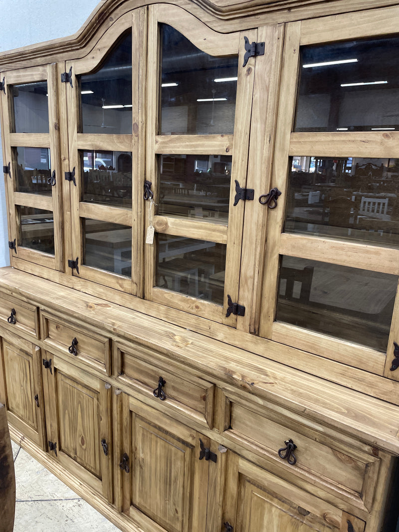 Rustic Solid Pine Hutch & Buffet with Glass Display Doors