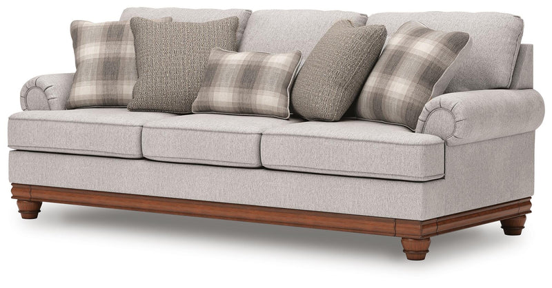 Ashley Furniture Clearbrooke living room set with sofa and loveseat, featuring neutral fabric and contemporary design.