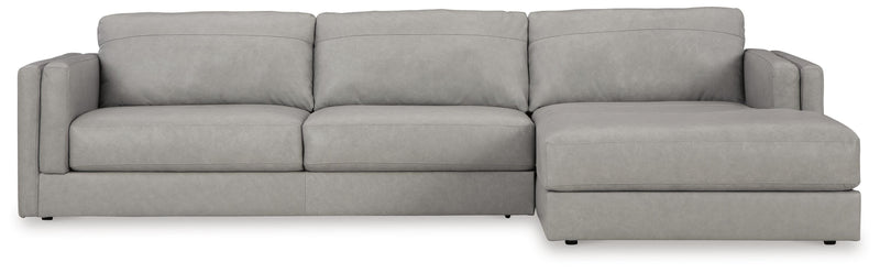 Ashley Furniture Amiata sectional with chaise, showing plush fabric upholstery and modern design from a head-on view.