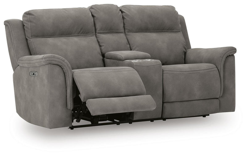 Ashley Furniture Next-Gen DuraPella power reclining loveseat with console, shown in an open, angled view highlighting its plush upholstery.