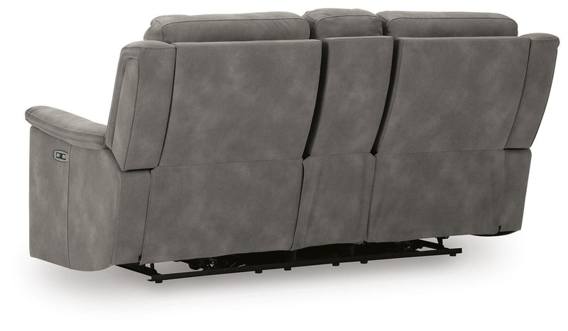 Ashley Furniture Next-Gen DuraPella Power Reclining Loveseat with built-in console, showing plush cushions and reclining features.