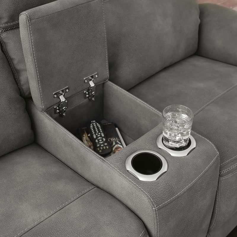 Ashley Furniture Next-Gen DuraPella power reclining loveseat with built-in console, plush upholstery, and modern design.