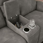 Ashley Furniture Next-Gen DuraPella power reclining loveseat with built-in console, featuring plush upholstery and reclining seats.