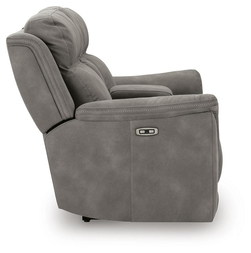 Ashley Furniture Next-Gen DuraPella Power Reclining Loveseat with console, featuring plush cushions and built-in side storage.