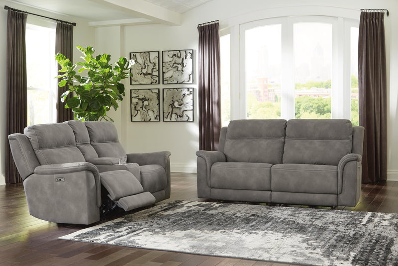 Open-view of Ashley Furniture Next-Gen DuraPella living room set with plush sofa and matching armchair in a modern living space.