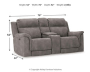 Ashley Furniture Next-Gen DuraPella power reclining loveseat with console, showcasing plush fabric, reclining seats, and built-in cup holders.