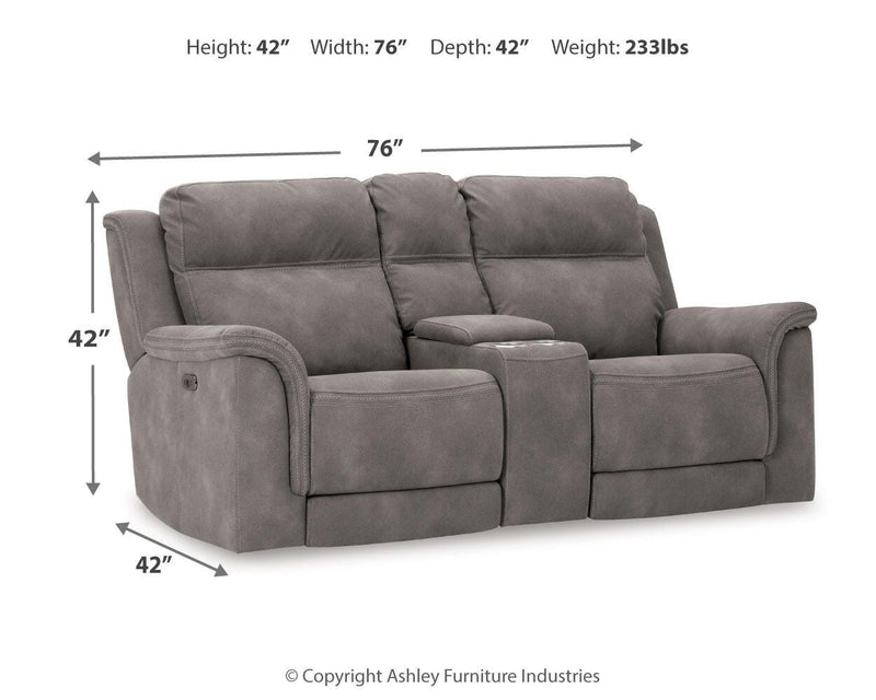 Ashley Furniture Next-Gen DuraPella power reclining loveseat with console, showcasing plush fabric, reclining seats, and built-in cup holders.