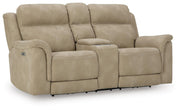 Ashley Furniture Next-Gen DuraPella power reclining loveseat with console, featuring plush fabric and built-in cup holders.