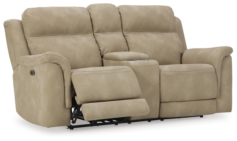 Ashley Furniture Next-Gen DuraPella power reclining loveseat with console, shown open from an angled side view.