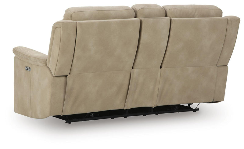 Ashley Furniture Next-Gen DuraPella power reclining loveseat with built-in console, showing plush upholstery and reclining mechanism.