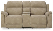 Ashley Furniture Next-Gen DuraPella power reclining loveseat with console, shown head-on with plush upholstered seating and built-in cup holders.