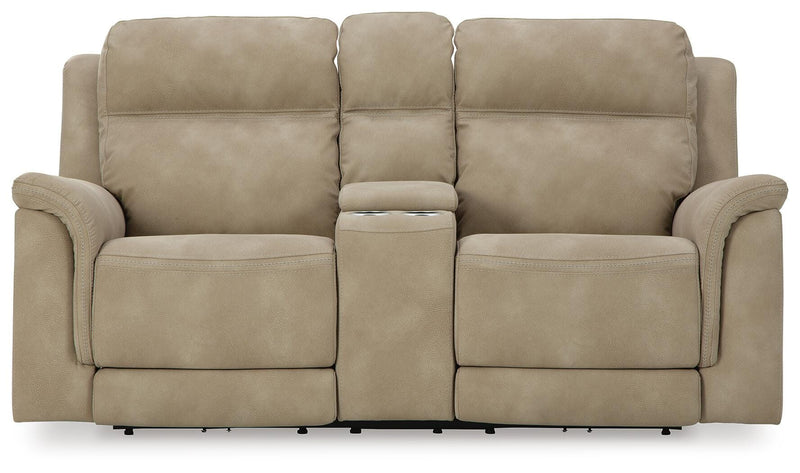 Ashley Furniture Next-Gen DuraPella power reclining loveseat with console, shown head-on with plush upholstered seating and built-in cup holders.