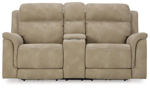 Ashley Furniture Next-Gen DuraPella power reclining loveseat with console, shown head-on with plush upholstered seating and built-in cup holders.