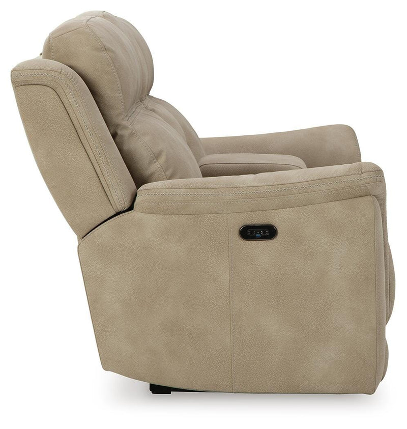 Ashley Furniture Next-Gen DuraPella power reclining loveseat with console, showing plush upholstery and built-in cup holders.
