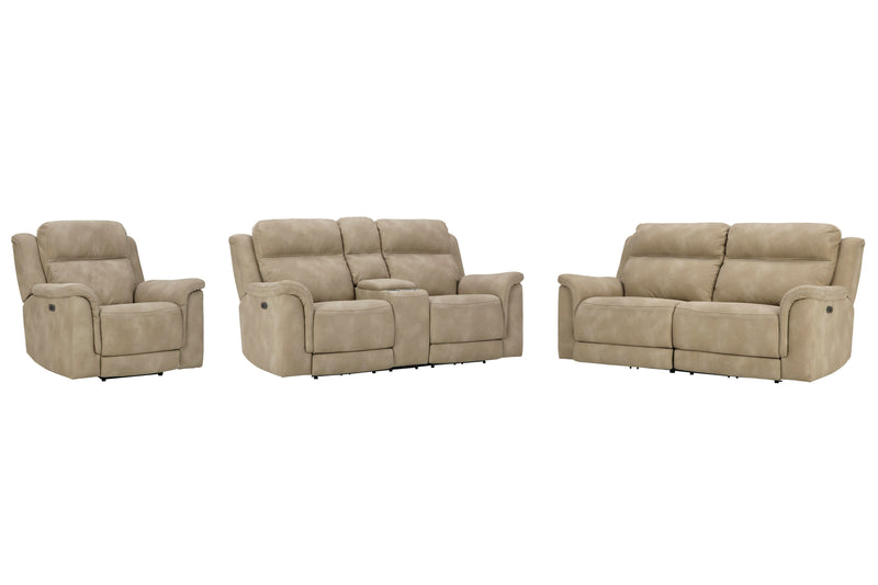 Ashley Furniture Next-Gen DuraPella living room set with plush sofa and armchairs in a modern design, shown in neutral fabric.