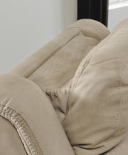 Ashley Furniture Next-Gen DuraPella power reclining loveseat with built-in console, showcasing plush fabric, reclining features, and armrests.