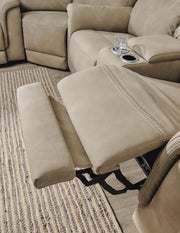 Ashley Furniture Next-Gen DuraPella power reclining loveseat with console, featuring plush fabric and built-in cup holders.