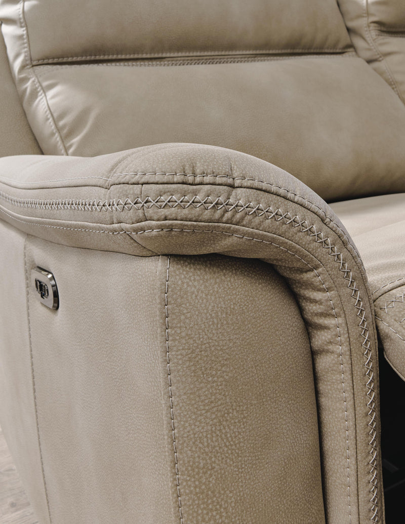 Ashley Furniture Next-Gen DuraPella power reclining loveseat with stitched detailing and built-in console, featuring plush cushioning.