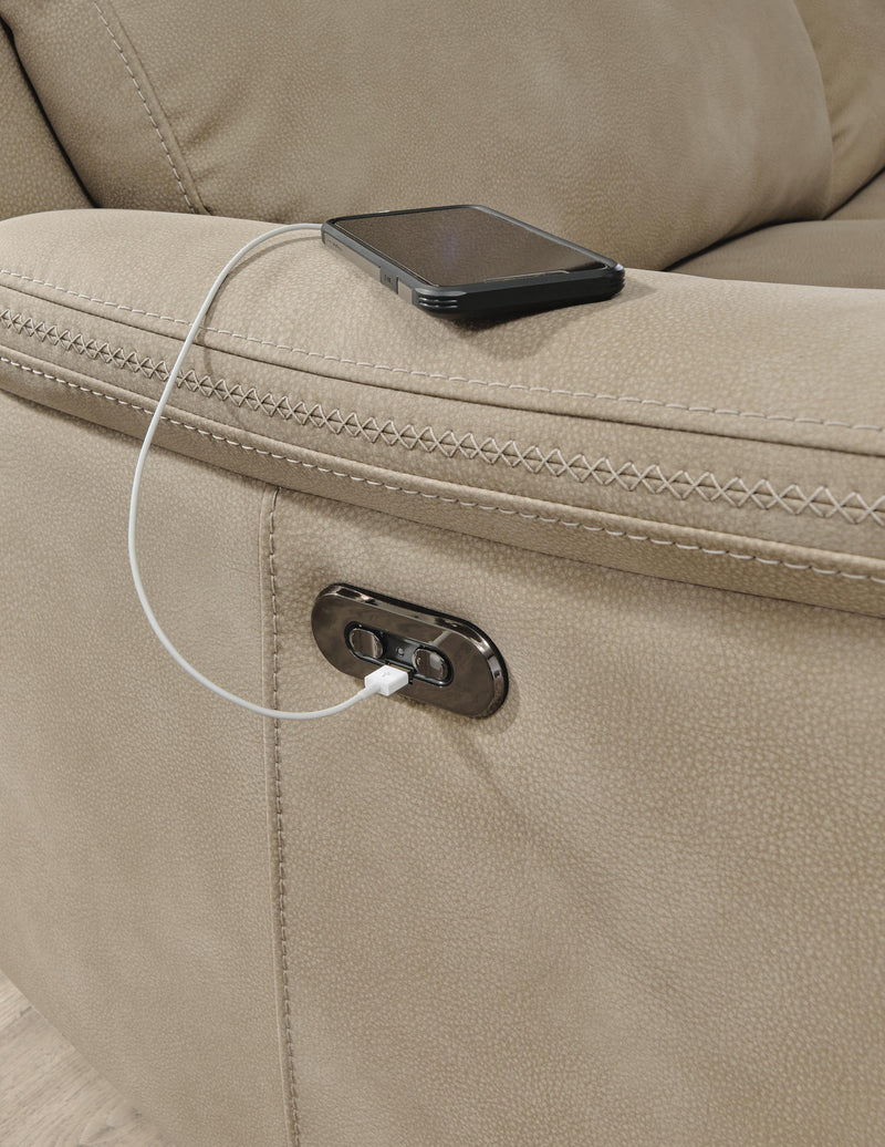 Ashley Furniture Next-Gen DuraPella power reclining loveseat with console, featuring plush cushions and built-in USB ports.