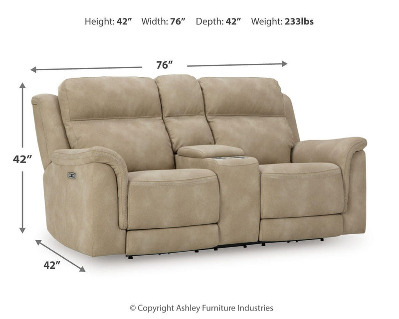 Ashley Furniture Next-Gen DuraPella power reclining loveseat with built-in console, featuring plush cushions and modern design.