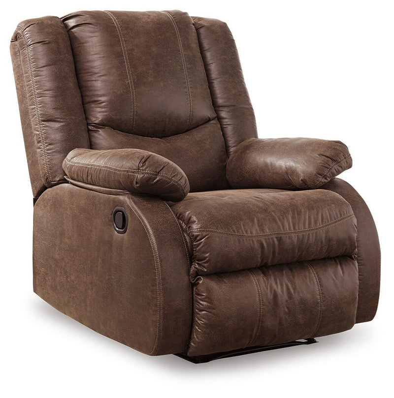 Ashley Furniture Bladewood recliner showing plush fabric upholstery and padded armrests from a side angle.