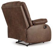 Ashley Furniture Bladewood recliner with plush fabric and padded armrests, shown from the back in a cozy living room setting.
