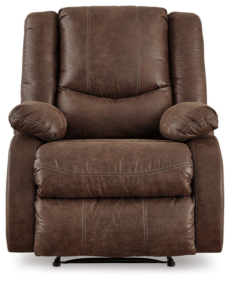 Ashley Furniture Bladewood recliner with plush cushions and dark wooden legs, shown from a head-on perspective.