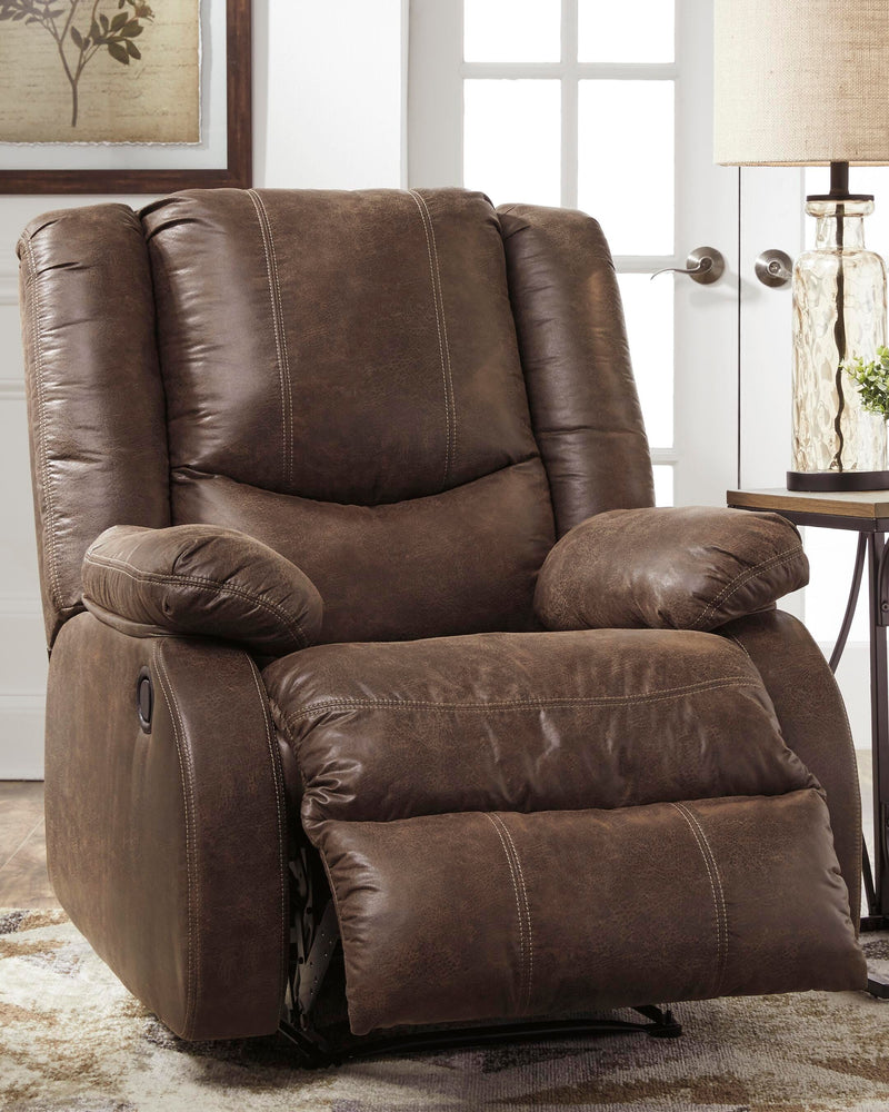 Open Ashley Furniture Bladewood recliner showing plush fabric upholstery and padded armrests in a cozy living room setting.