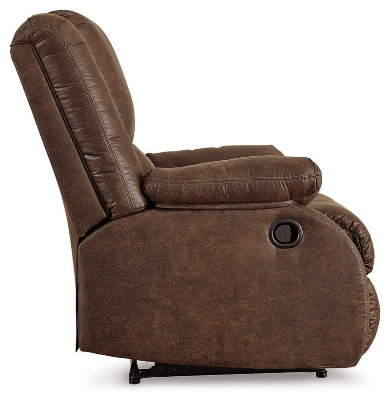 Ashley Furniture Bladewood recliner with plush upholstery and wooden armrests, shown from the side.