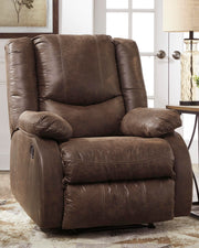 Ashley Furniture Bladewood recliner showing plush beige upholstery and padded armrests in a cozy living room setting.