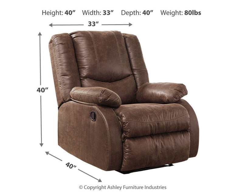 Comfortable Ashley Furniture Bladewood recliner with plush upholstery and wooden accents, shown in a cozy living room setting.