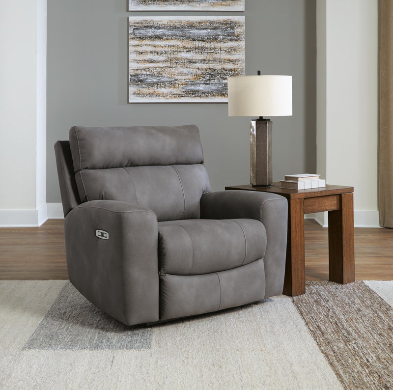 Ashley Furniture Next-Gen DuraPella Power Recliner in closed position with plush fabric and padded armrests.