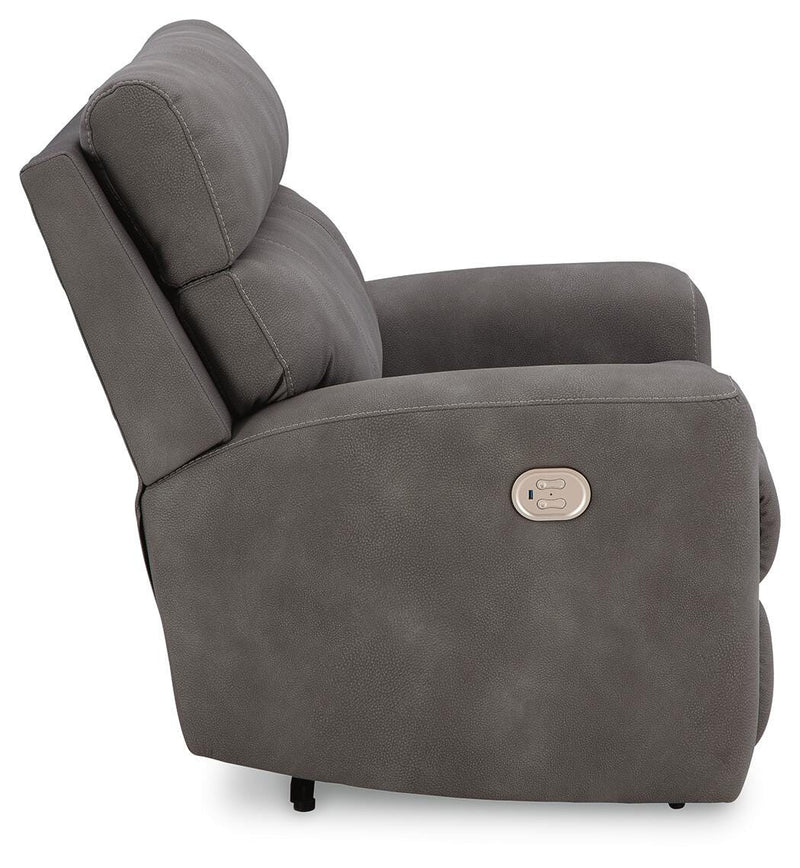 Ashley Furniture Next-Gen DuraPella Power Recliner with plush fabric and modern design, shown from the side view.