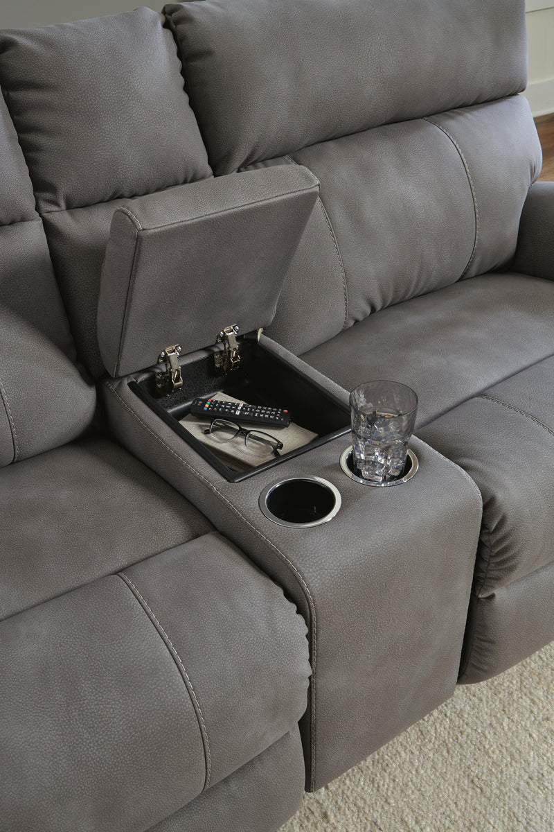Ashley Furniture Next-Gen DuraPella power reclining sectional loveseat with built-in console, showing plush upholstery and reclining features.