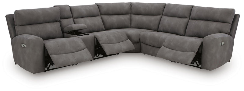 Ashley Furniture Next-Gen DuraPella power reclining sectional with plush cushions and modern design, shown open with chaise lounge.